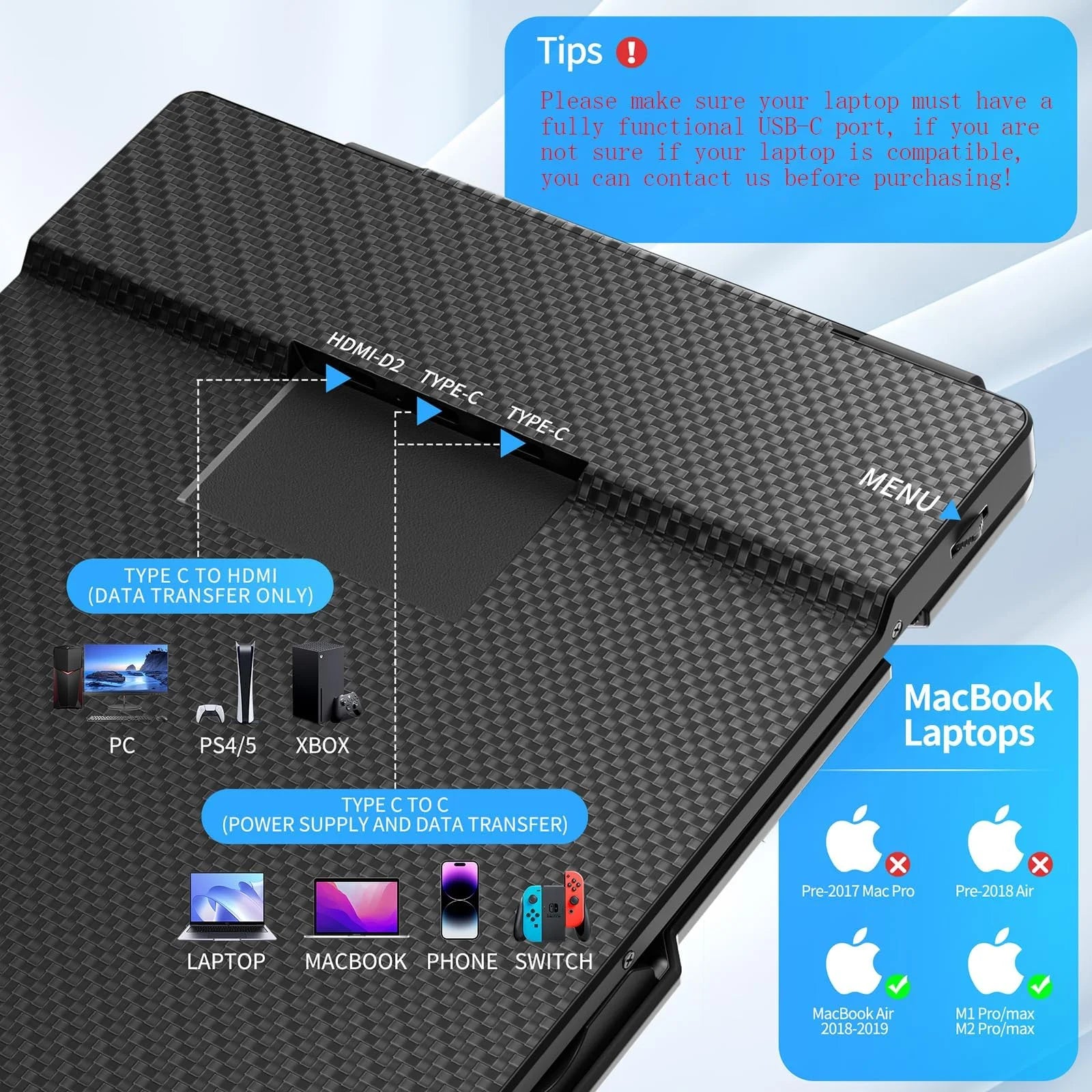 Portable Laptop Screen Extender - 14" Triple IPS FHD 1080P Monitor, Hdmi/Usb-A/Type-C, Compatible with Windows & Mac for Travel, Gaming, Work (Max Length: 15.74")