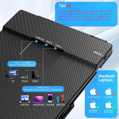 Portable Laptop Screen Extender - 14" Triple IPS FHD 1080P Monitor, Hdmi/Usb-A/Type-C, Compatible with Windows & Mac for Travel, Gaming, Work (Max Length: 15.74")